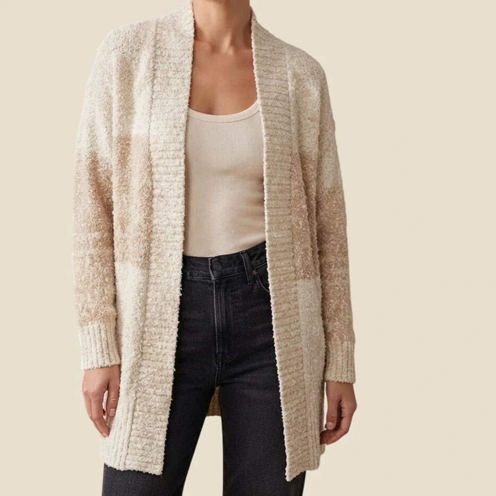 Joie Womens Cream Tan Boucle Knit Open Front Longline Cardigan Sweater Large
